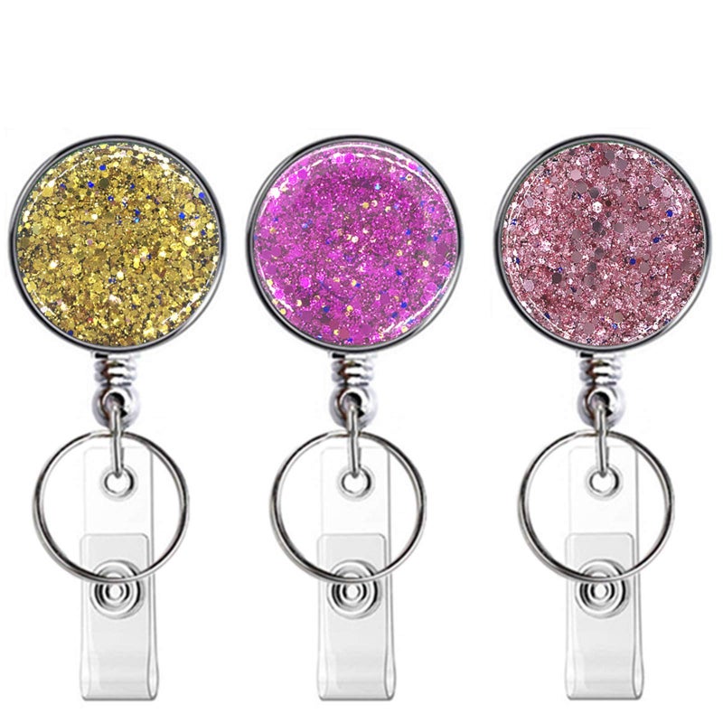 Boutilon Retractable Badge Holder, Retractable Badge Reels,Lightweight Plastic Badge Reel Card Holder with Key Ring Backing Belt Clip for Nurse,Volunteer,Teacher,Student(Pretty Golden Pink Purple) - Image 1